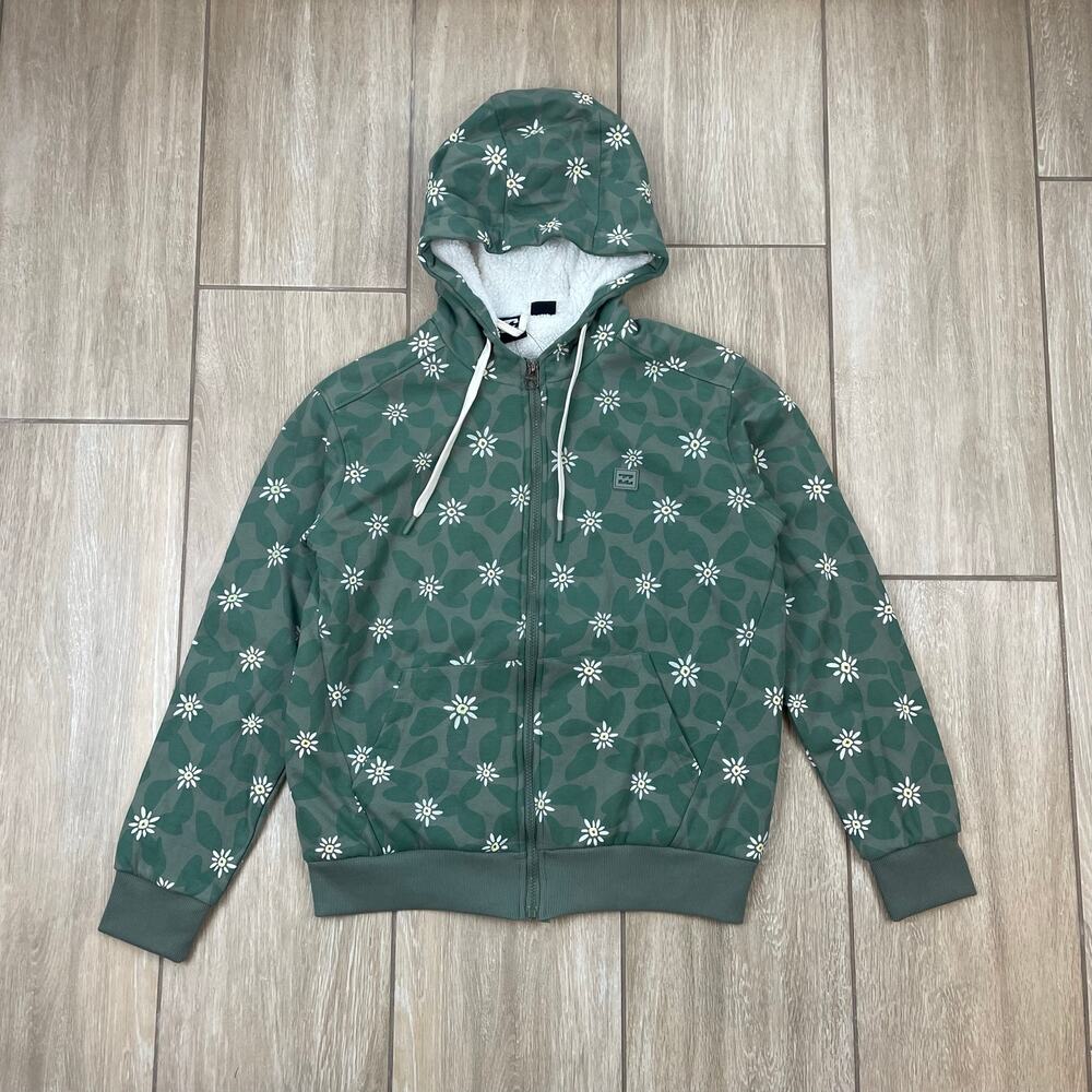 Billabong Jacket Womens S Light Olive Floral Sherpa Lined Full Zip Hoodie NWT